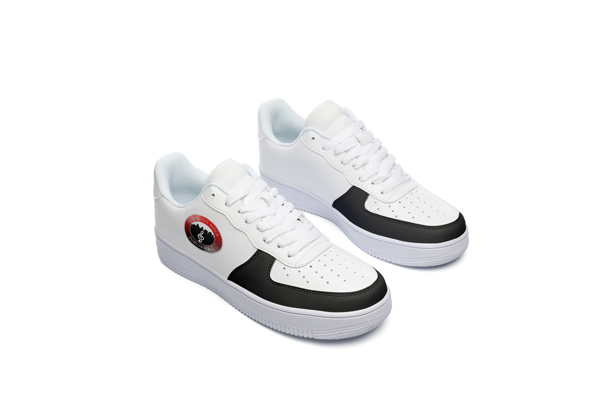 Big Red NOLA Court Sneakers white sneakers with black accents on a white background
