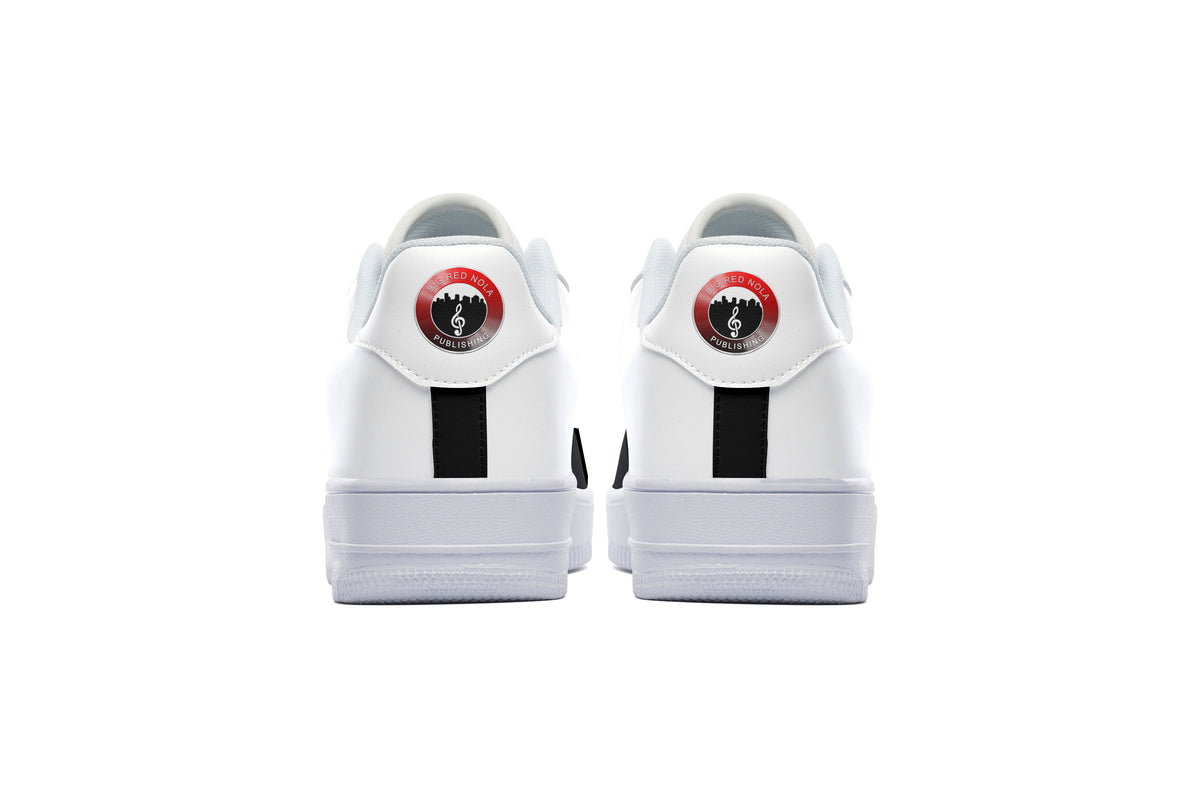 Big Red NOLA Court Sneakers white sneakers with black accents on a white background