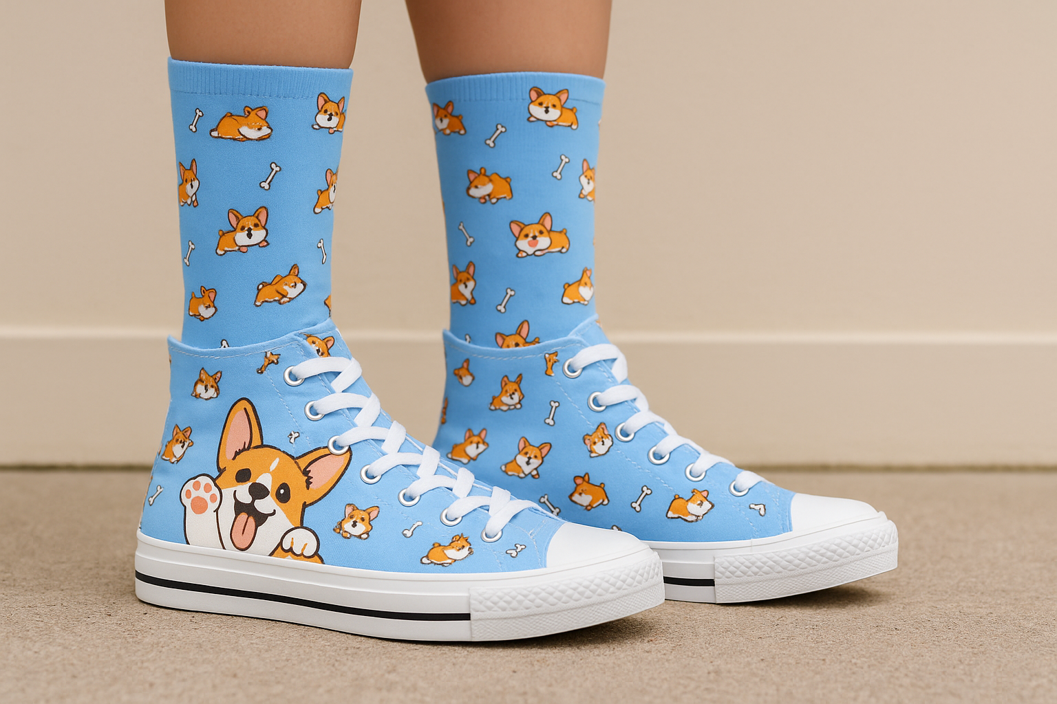 Blue high-top sneakers with corgi dog pattern on a beige floor.