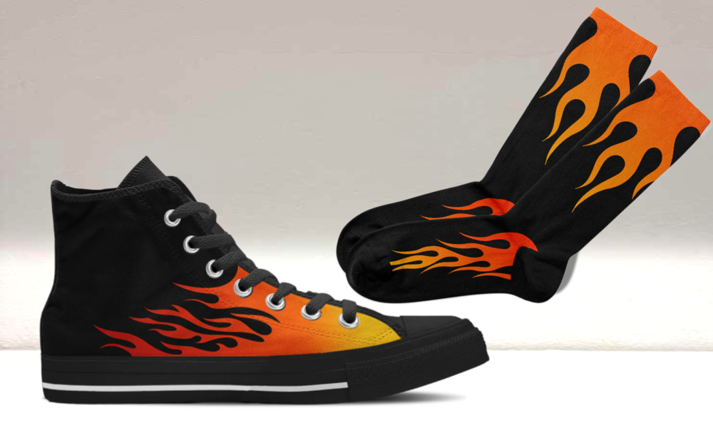 Custom Kiks Flames high-top sneakers with matching fiery flame design socks
