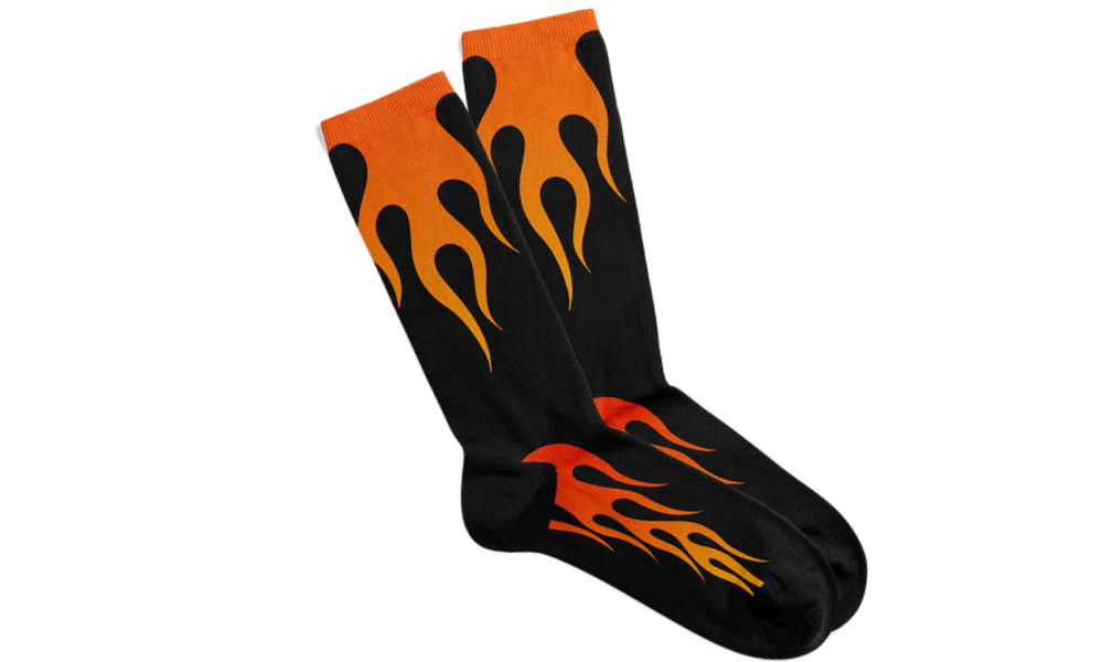 Custom Kiks unisex socks with fiery flame graphics
