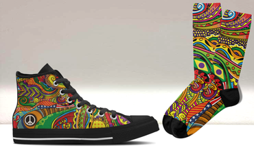 Custom Kiks colorful Peace of Color high-top sneakers with matching psychedelic peace symbol socks