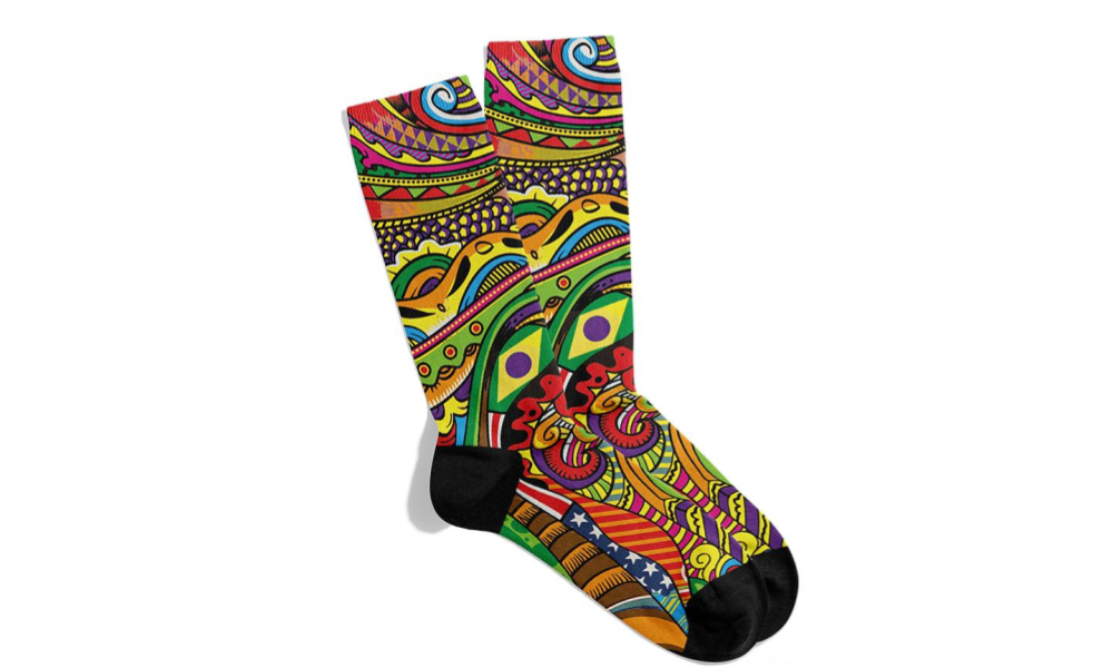 Custom Kiks unisex socks with colorful peace sign and psychedelic design