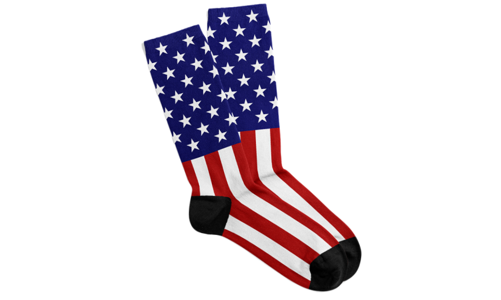 Custom Kiks unisex socks with American flag red, white, and blue stars and stripes design