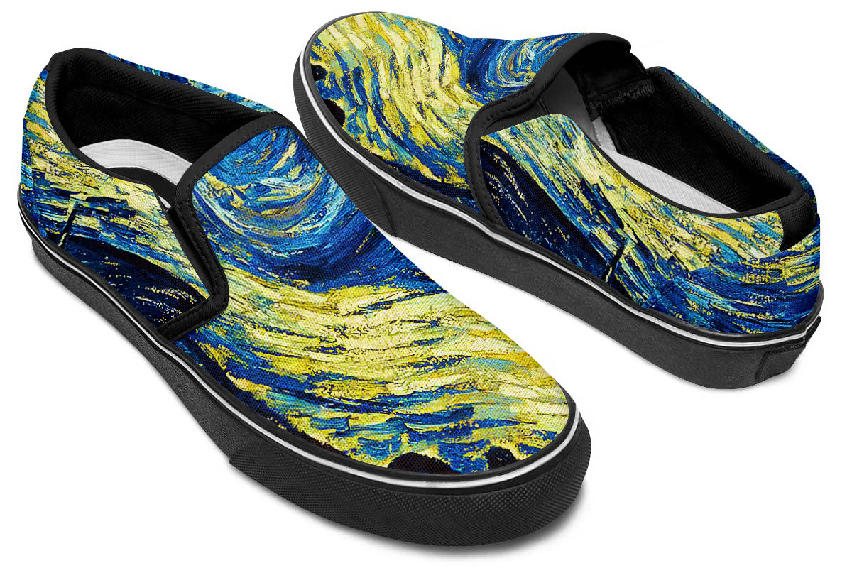 Starry Night Sneakers: Swirl Sky Illustration Slip On Sneakers