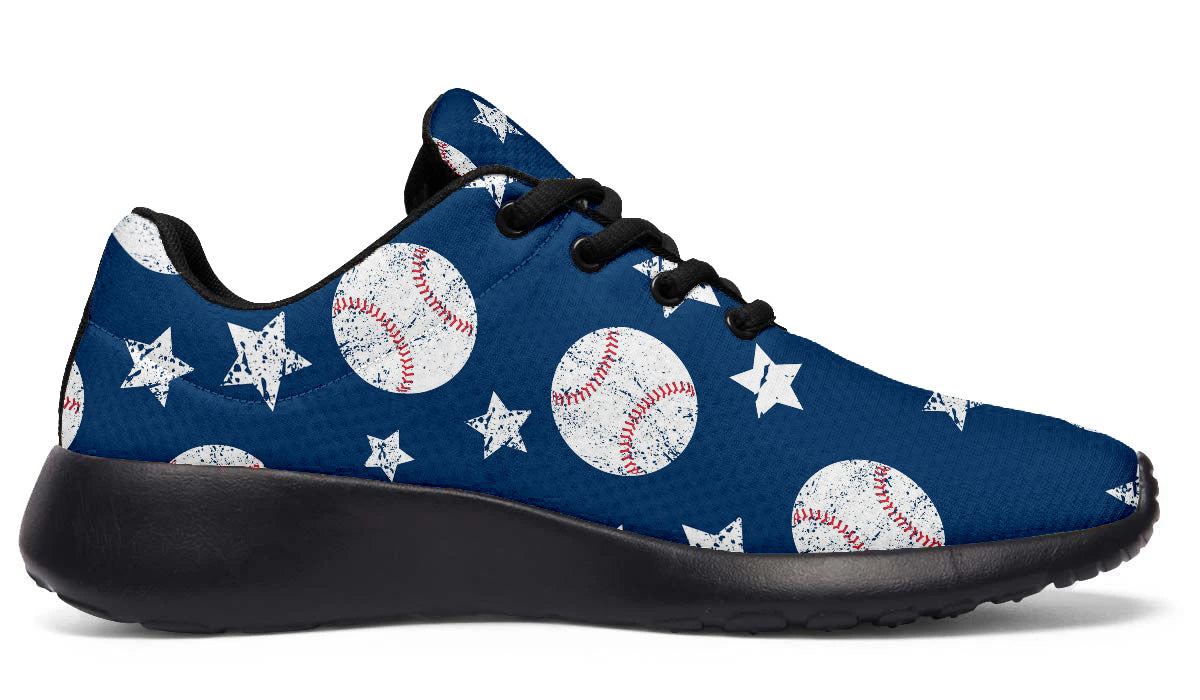 Sport shoes featuring white baseballs and stars on a blue background with vintage baseball-inspired artwork.