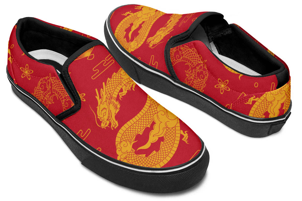 Dragon Sneakers: Red Dragon Pattern Slip On Sneakers