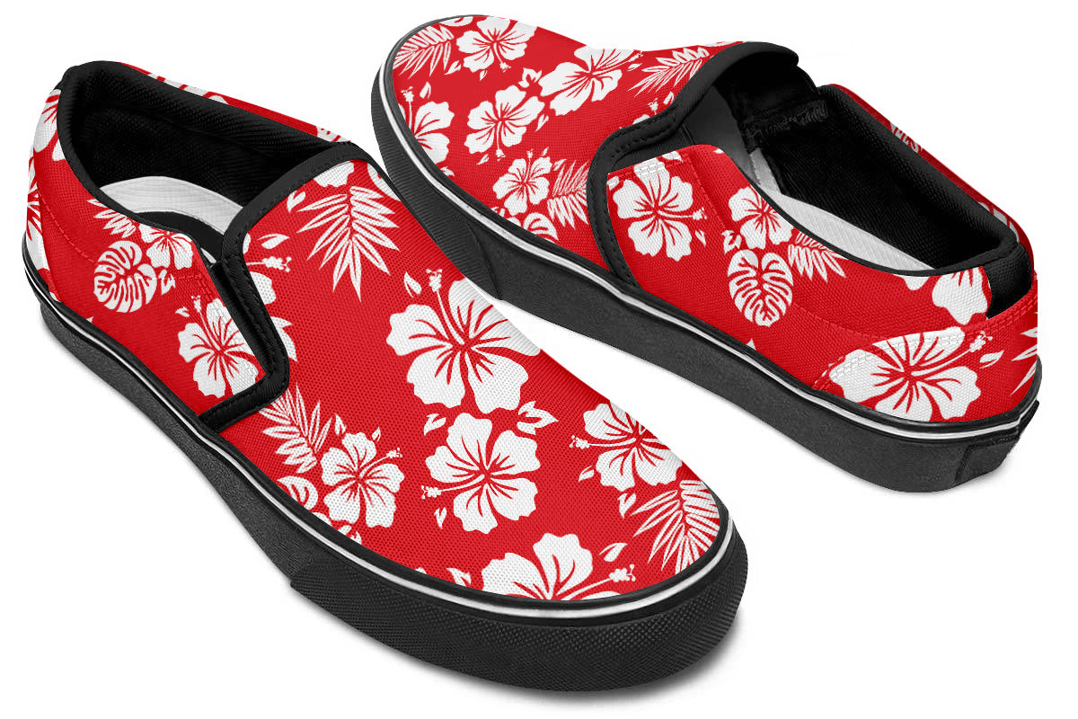 Hawaiian Sneakers: Red Floral Pattern Slip On Sneakers