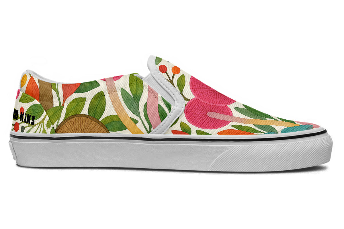 Custom Kiks Mycella Slip Ons, colorful slip-on shoe with floral and mushroom design