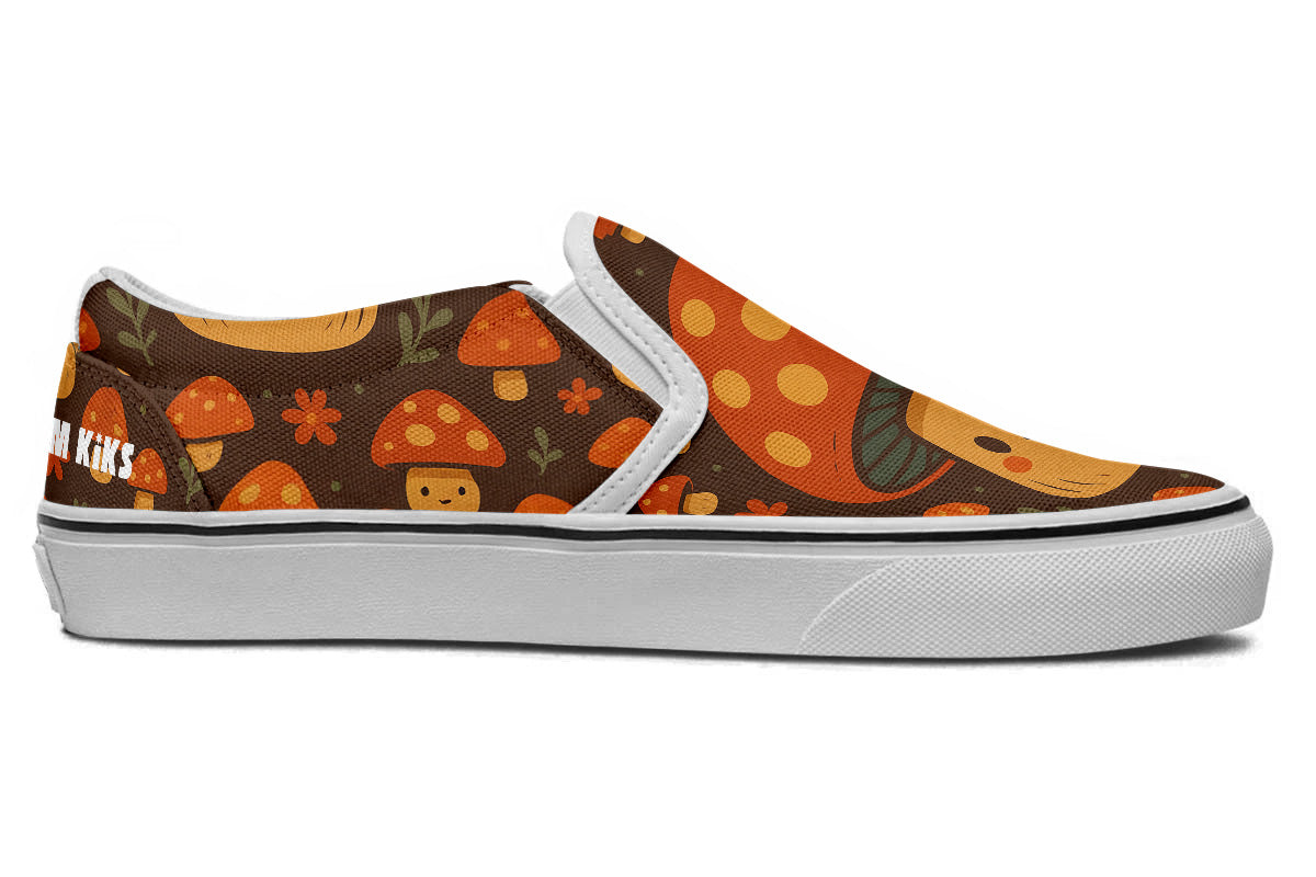 Custom Kiks Smiling Toadstool Slip Ons – dark orange and green sneakers with whimsical mushroom details