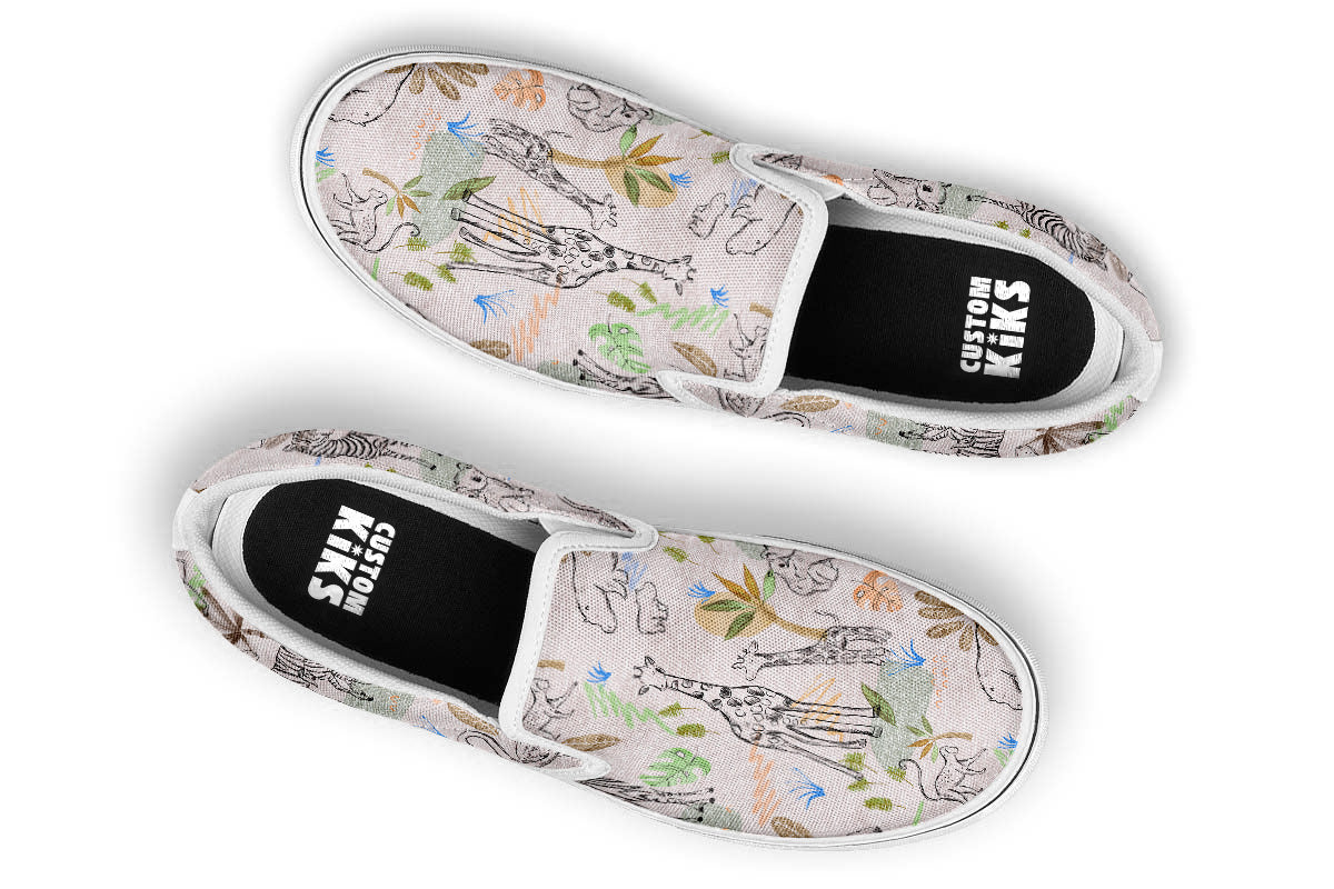 Safari Sneakers: Animal Doodle Slip On Sneakers