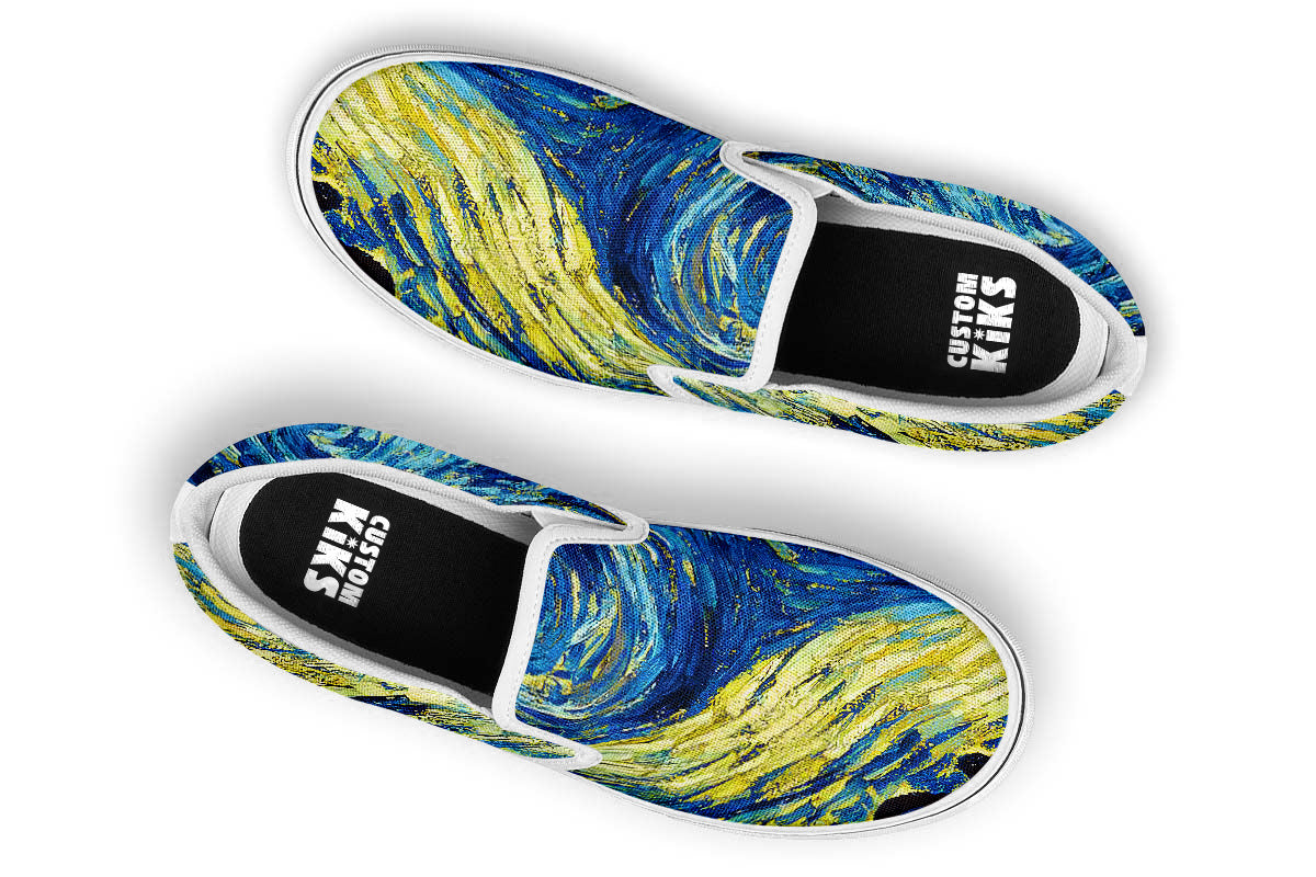 Starry Night Sneakers: Swirl Sky Illustration Slip On Sneakers