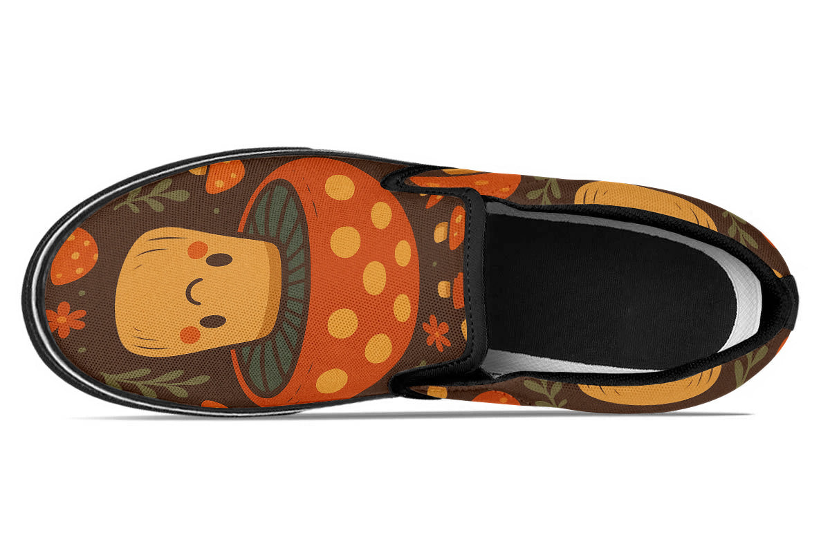Custom Kiks Smiling Toadstool Slip Ons – dark orange and green sneakers with whimsical mushroom details