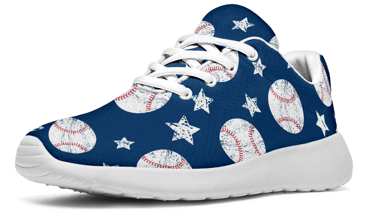 Sport shoes featuring white baseballs and stars on a blue background with vintage baseball-inspired artwork.