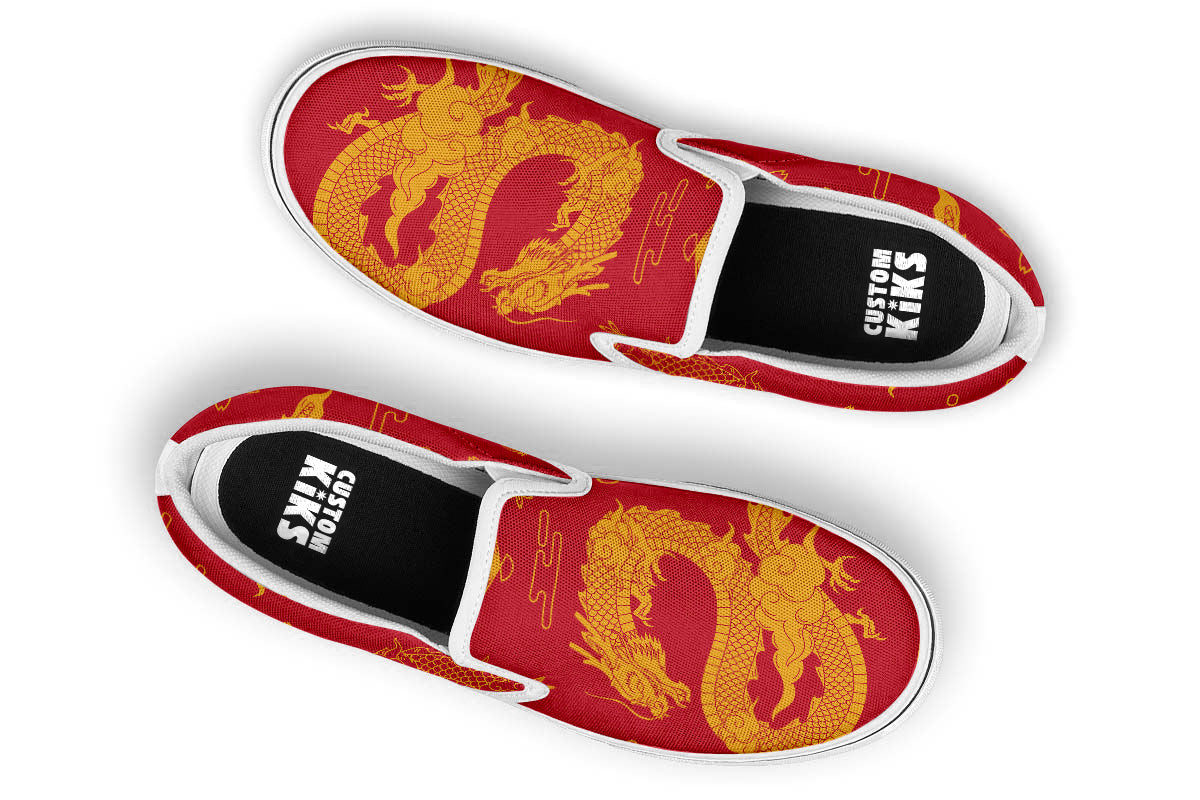 Dragon Sneakers: Red Dragon Pattern Slip On Sneakers