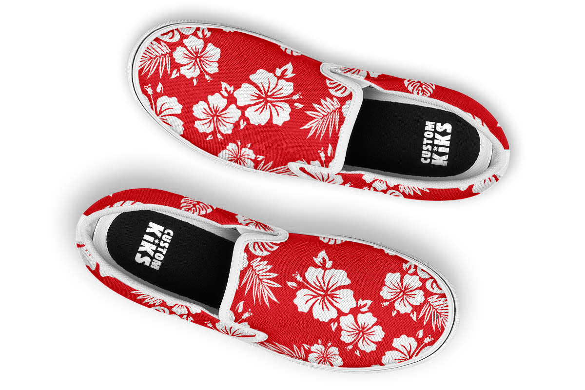 Hawaiian Sneakers: Red Floral Pattern Slip On Sneakers