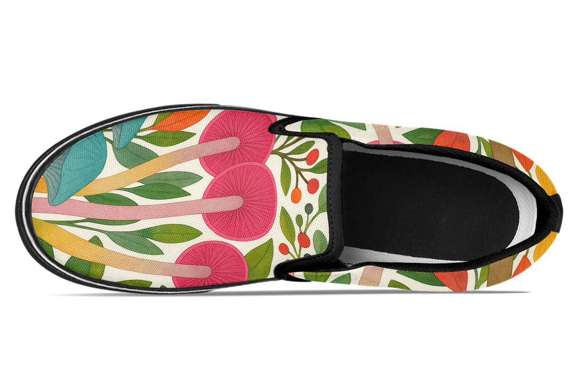 Custom Kiks Mycella Slip Ons, colorful slip-on shoe with floral and mushroom design