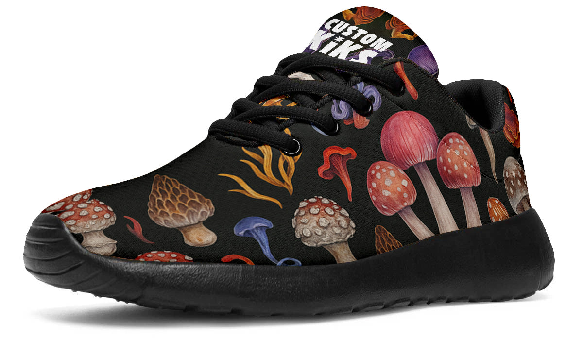 Custom Kiks Morel Hunting Sport Shoes – deep purple and red sneakers with mushroom forest design