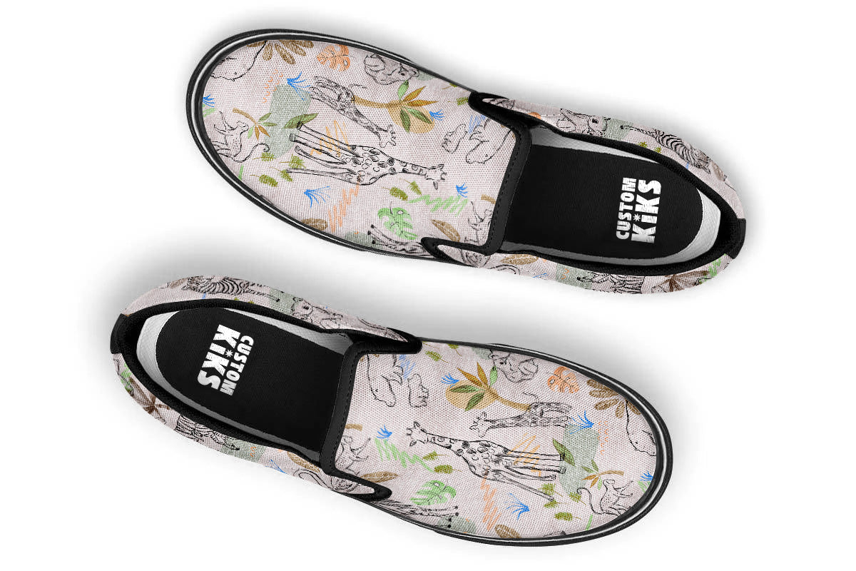 Safari Sneakers: Animal Doodle Slip On Sneakers