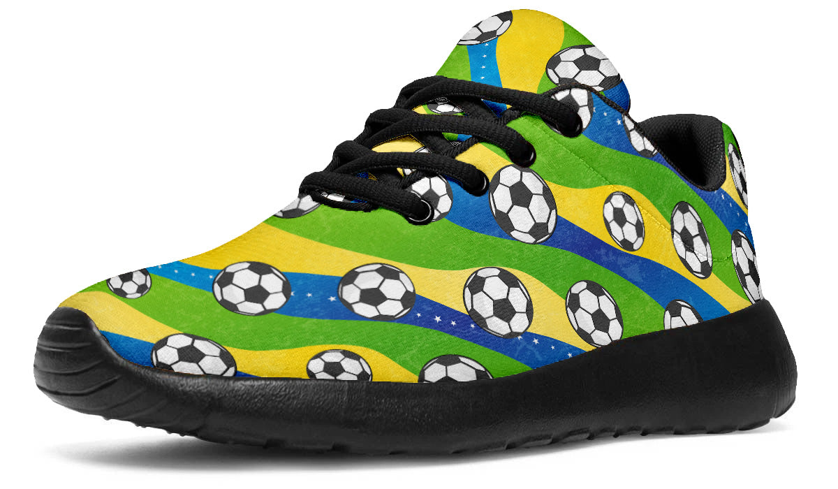 Brazil-inspired sport shoes featuring soccer ball patterns with green, yellow, and blue flag-inspired artwork.