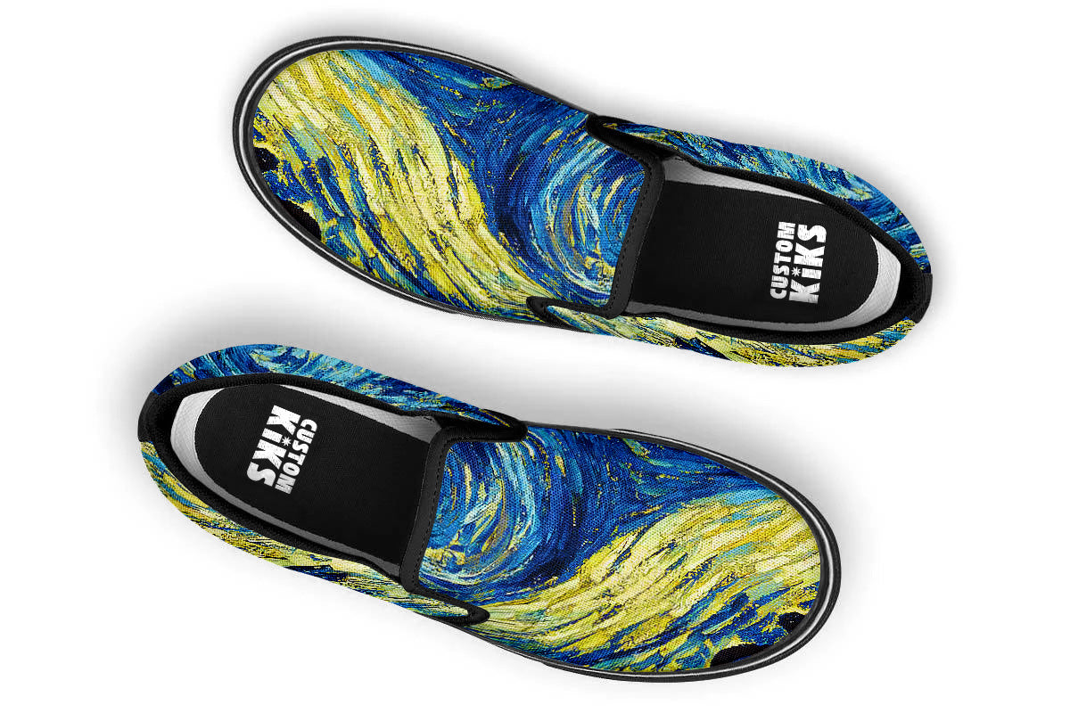 Starry Night Sneakers: Swirl Sky Illustration Slip On Sneakers