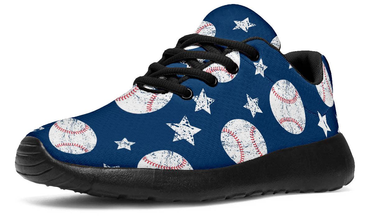 Sport shoes featuring white baseballs and stars on a blue background with vintage baseball-inspired artwork.