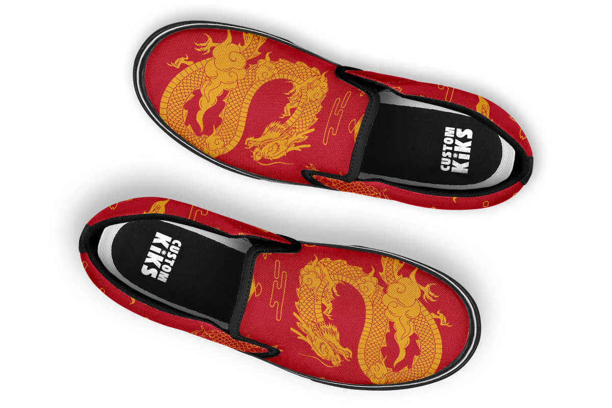 Dragon Sneakers: Red Dragon Pattern Slip On Sneakers