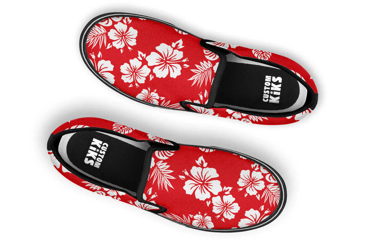 Hawaiian Sneakers: Red Floral Pattern Slip On Sneakers