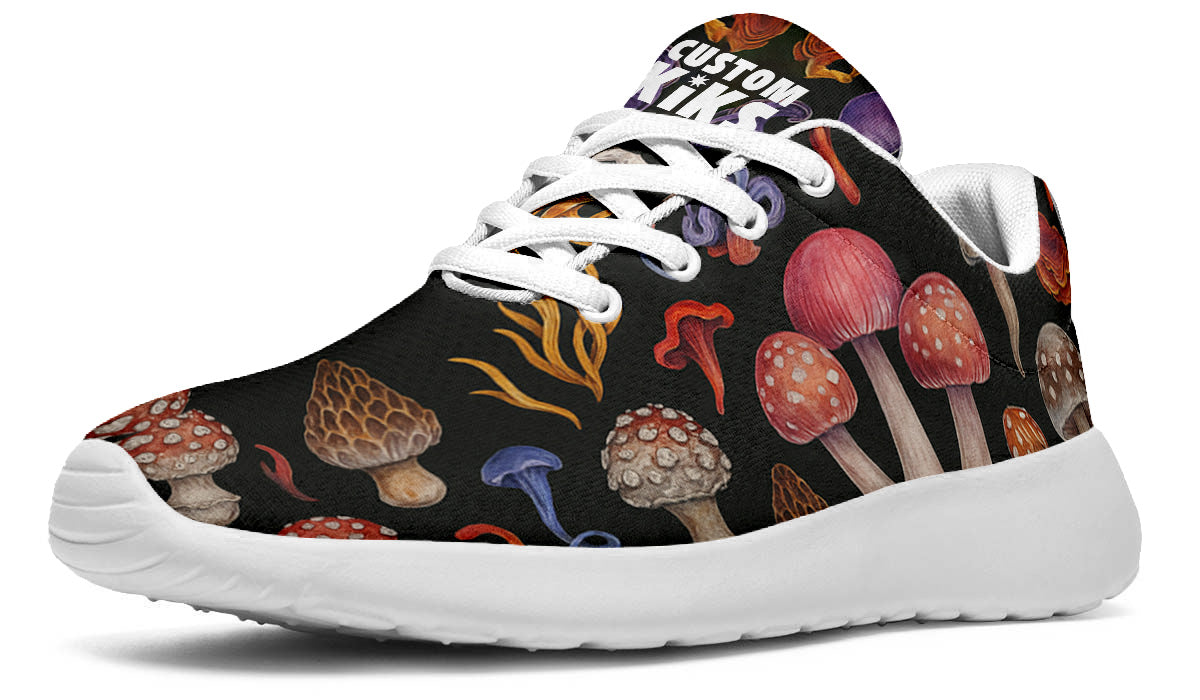 Custom Kiks Morel Hunting Sport Shoes – deep purple and red sneakers with mushroom forest design