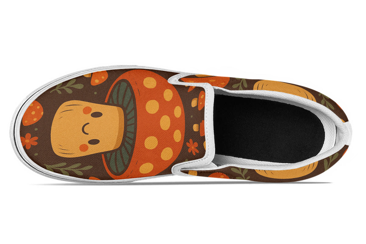 Custom Kiks Smiling Toadstool Slip Ons – dark orange and green sneakers with whimsical mushroom details