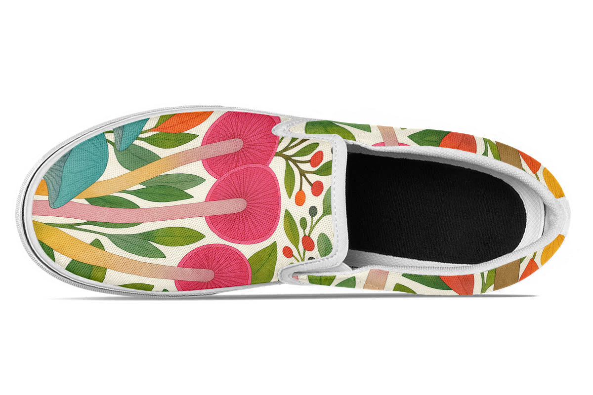 Custom Kiks Mycella Slip Ons, colorful slip-on shoe with floral and mushroom design