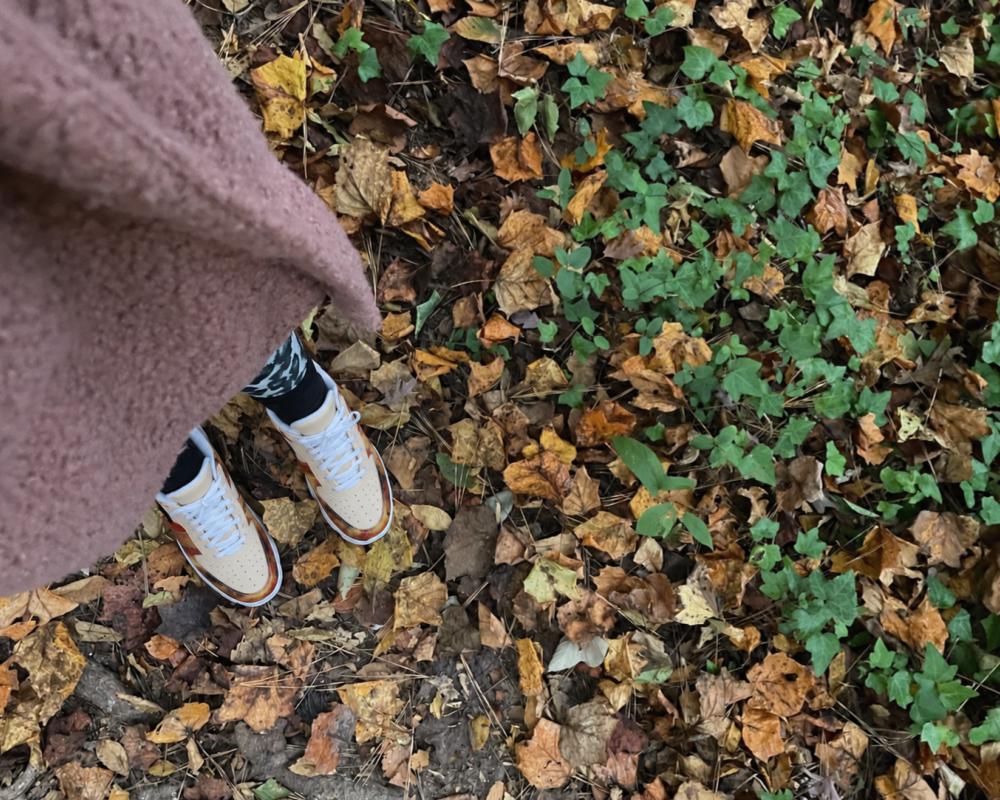Fall Illustration Court Sneakers worn and positioned against brown leaves on the ground
