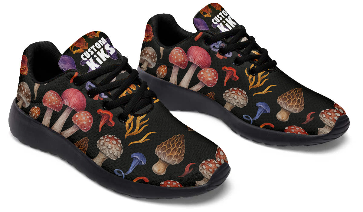 Custom Kiks Morel Hunting Sport Shoes – deep purple and red sneakers with mushroom forest design
