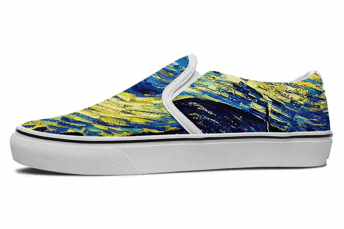 Starry Night Sneakers: Swirl Sky Illustration Slip On Sneakers