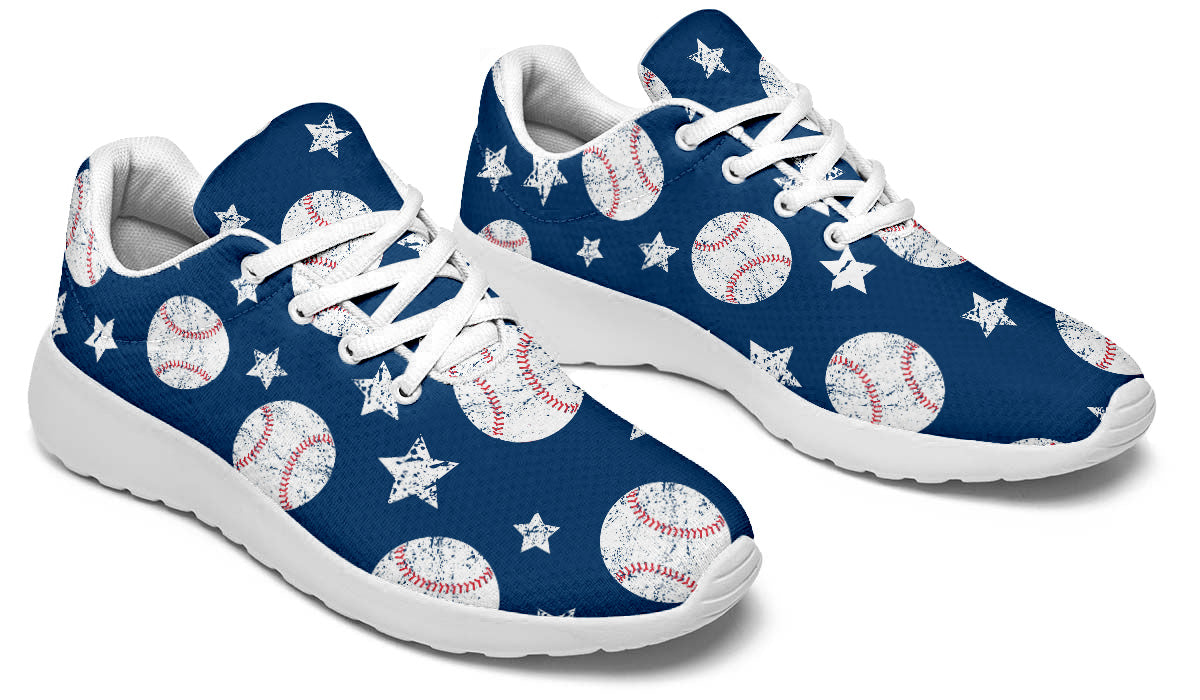 Sport shoes featuring white baseballs and stars on a blue background with vintage baseball-inspired artwork.