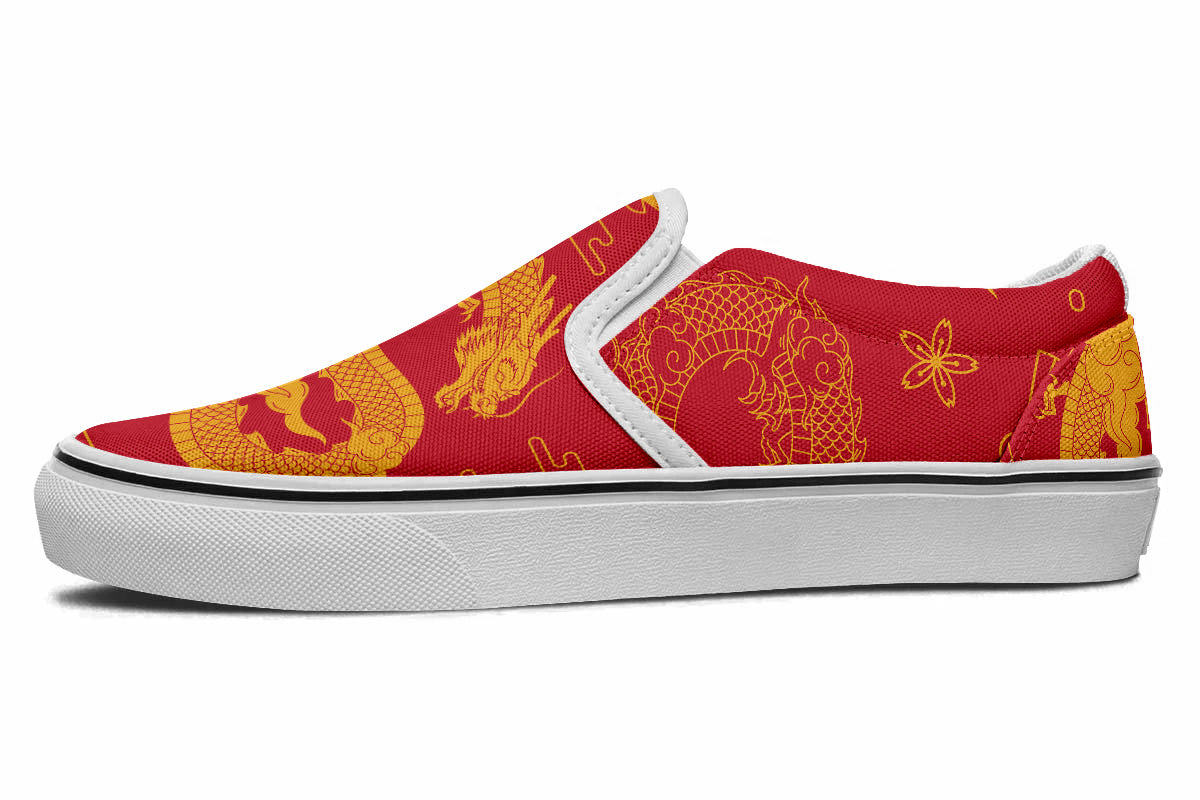Dragon Sneakers: Red Dragon Pattern Slip On Sneakers