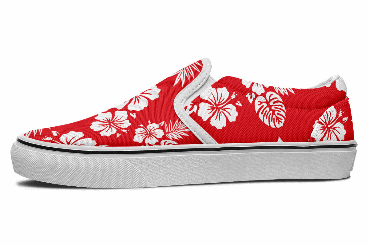 Hawaiian Sneakers: Red Floral Pattern Slip On Sneakers