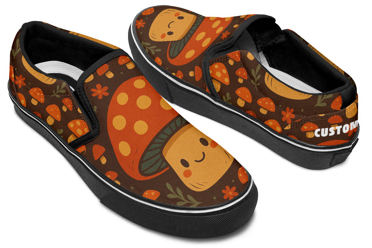Custom Kiks Smiling Toadstool Slip Ons – dark orange and green sneakers with whimsical mushroom details