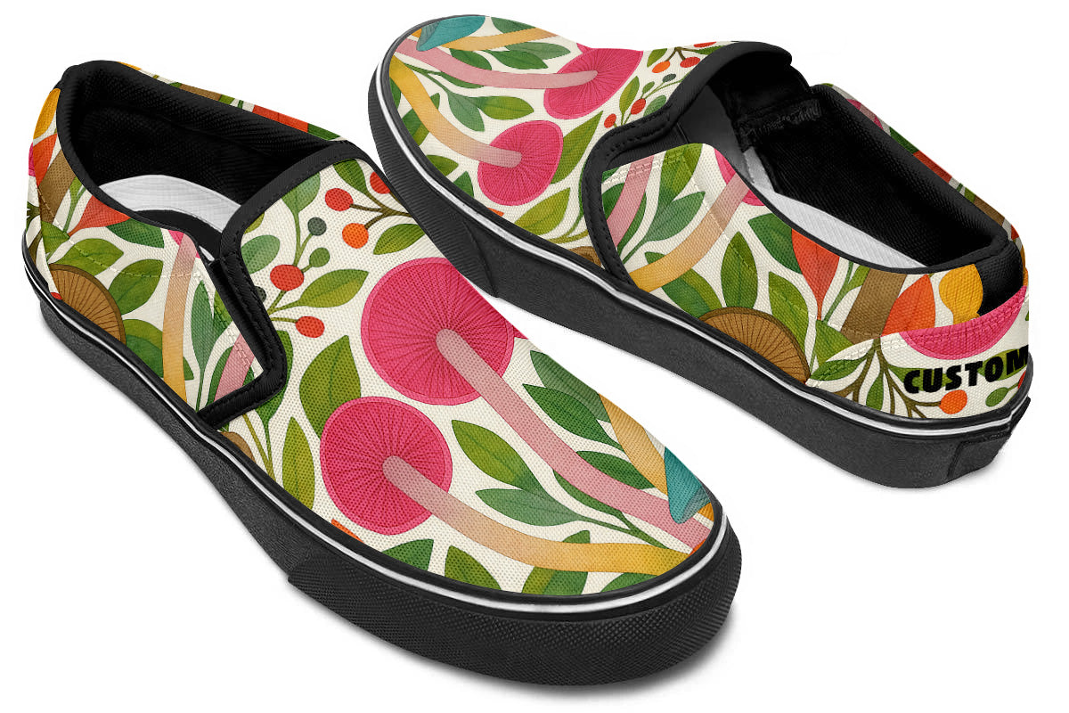Custom Kiks Mycella Slip Ons, colorful slip-on shoe with floral and mushroom design
