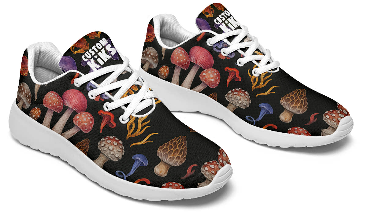 Custom Kiks Morel Hunting Sport Shoes – deep purple and red sneakers with mushroom forest design