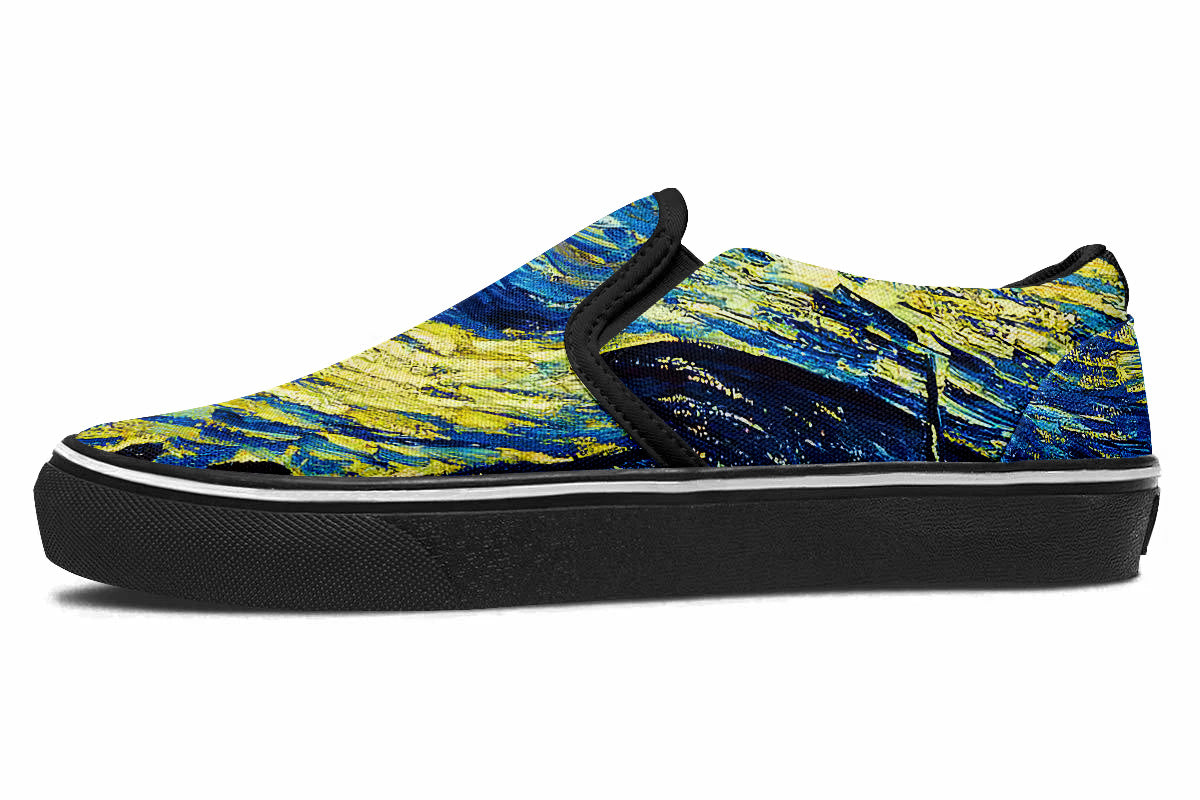 Starry Night Sneakers: Swirl Sky Illustration Slip On Sneakers
