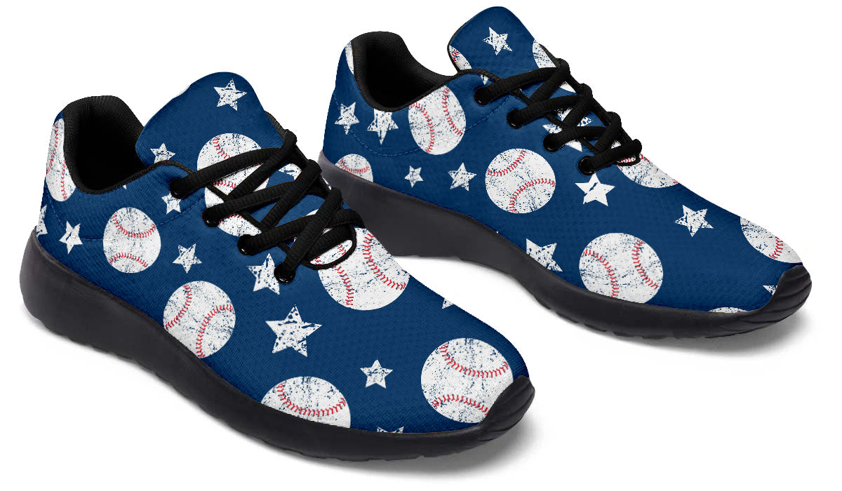 Sport shoes featuring white baseballs and stars on a blue background with vintage baseball-inspired artwork.