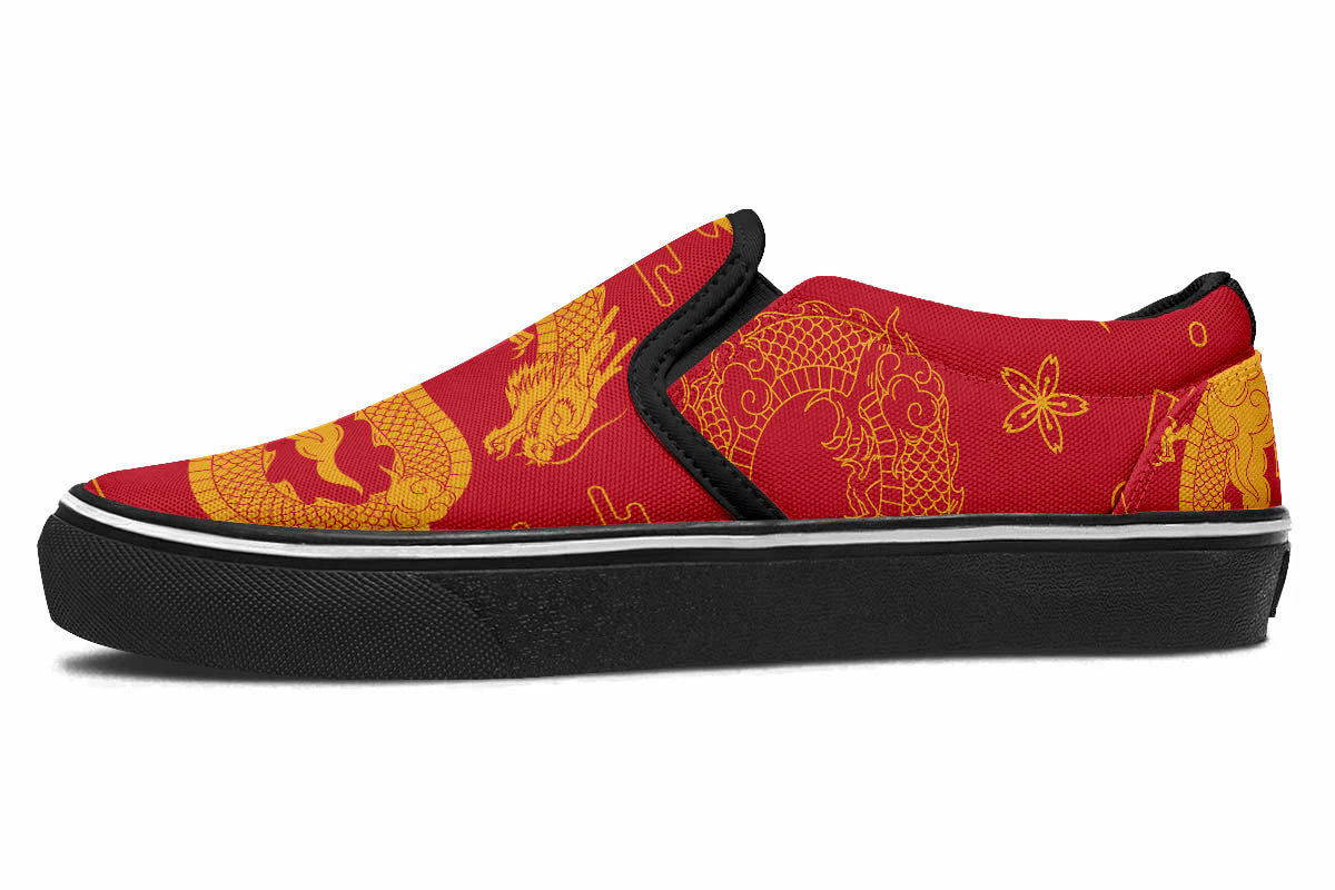 Dragon Sneakers: Red Dragon Pattern Slip On Sneakers