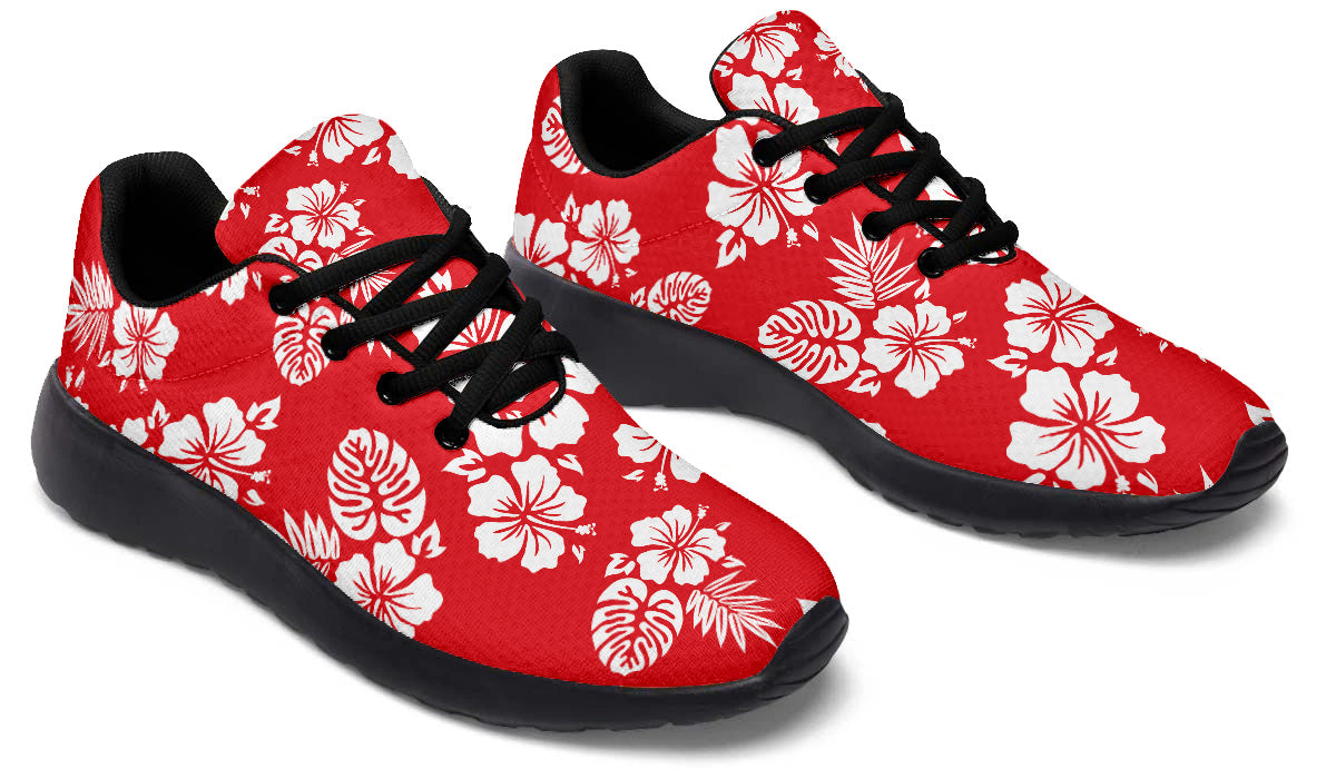 Hawaiian Sneakers: Red Floral Pattern Sport Shoes