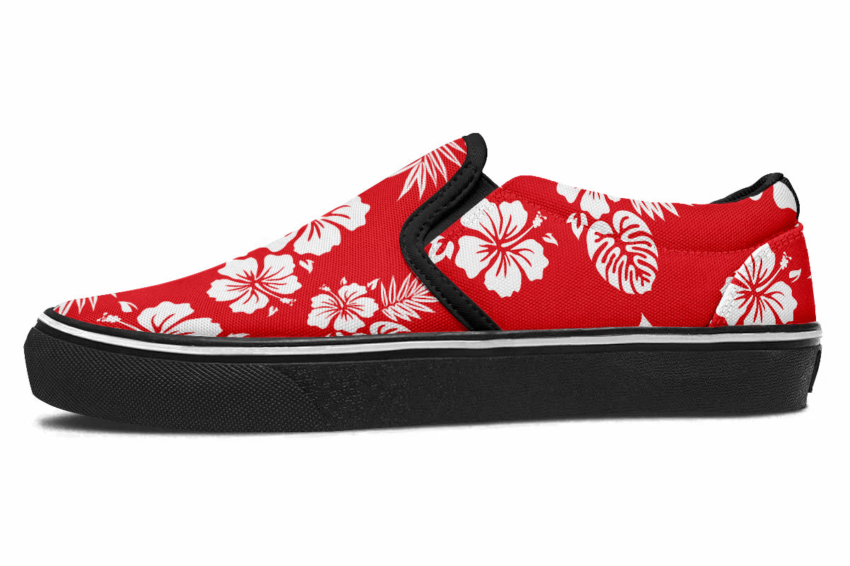 Hawaiian Sneakers: Red Floral Pattern Slip On Sneakers