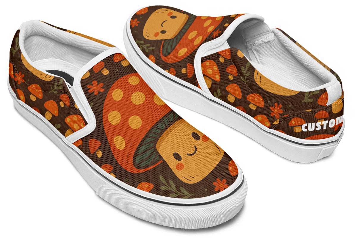 Custom Kiks Smiling Toadstool Slip Ons – dark orange and green sneakers with whimsical mushroom details