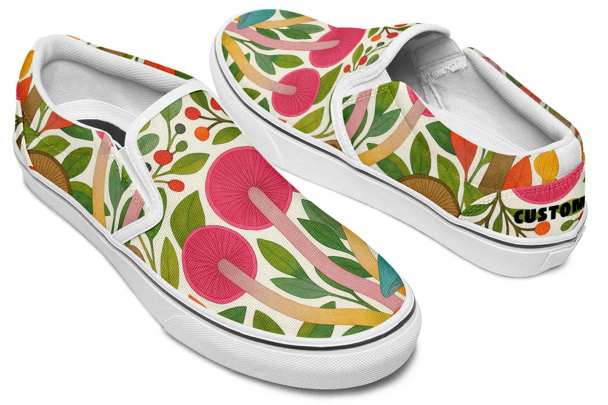 Custom Kiks Mycella Slip Ons, colorful slip-on shoe with floral and mushroom design