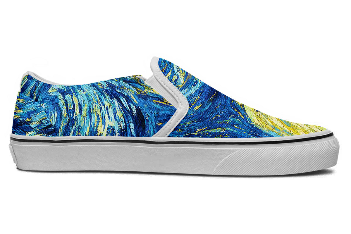 Starry Night Sneakers: Swirl Sky Illustration Slip On Sneakers