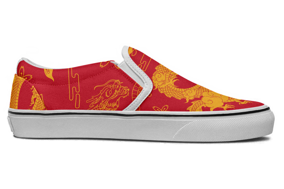 Dragon Sneakers: Red Dragon Pattern Slip On Sneakers