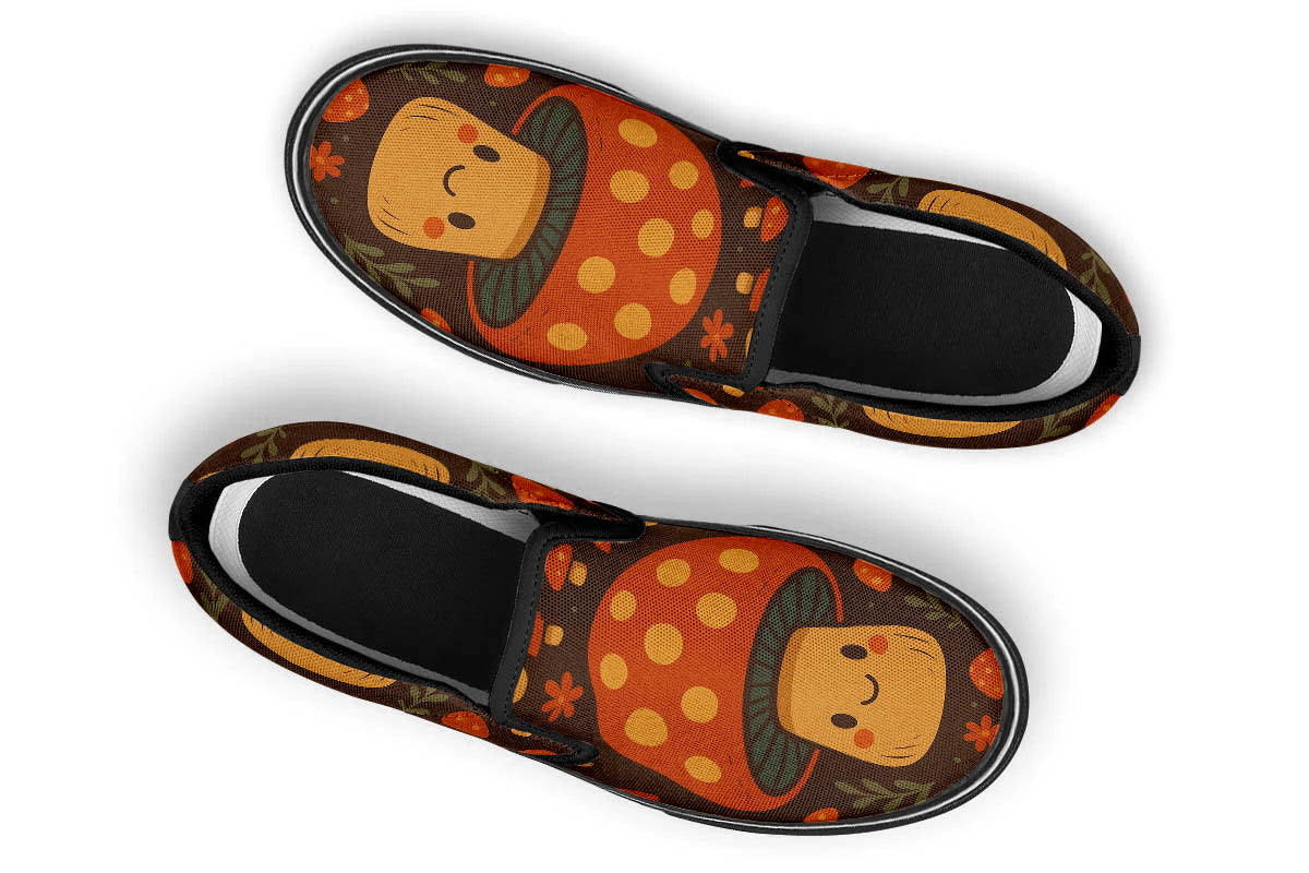 Custom Kiks Smiling Toadstool Slip Ons – dark orange and green sneakers with whimsical mushroom details